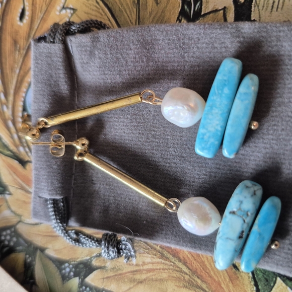 Turquoise and Pearl Drop Earrings - Picture 4 of 4
